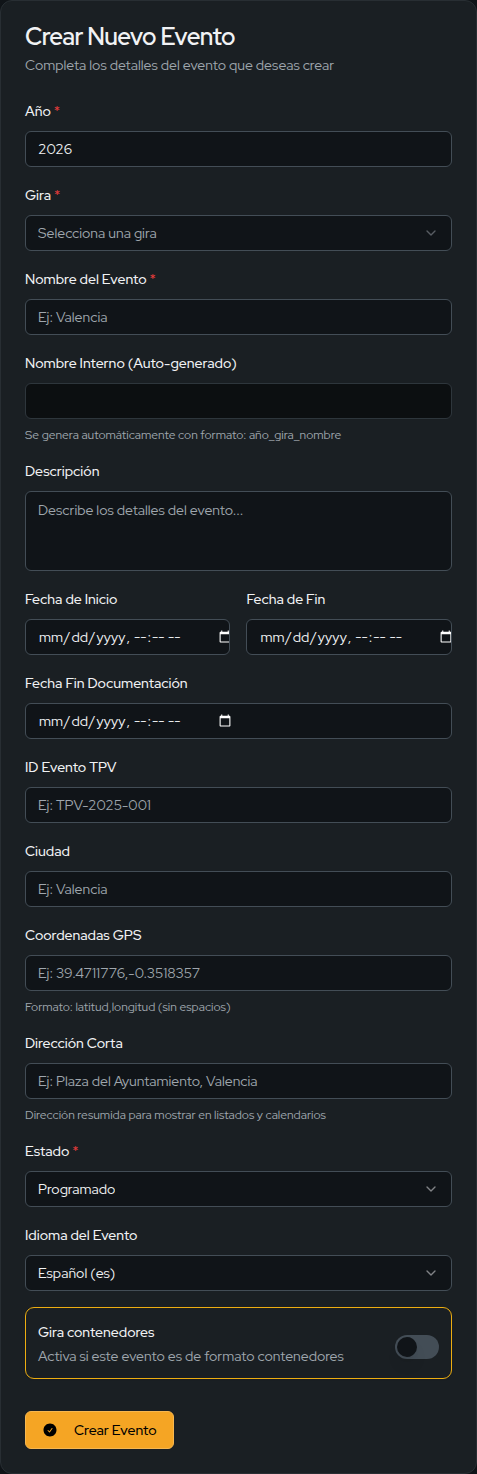 Formulario de evento