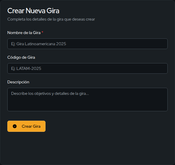 Formulario para crear una gira